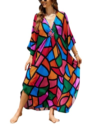 Image of IMAGEKOPE Women's Plus Size Animal Print V-Neck Batwing Kaftan Beach Dress Bathing Suit Cover-Up Loungewear