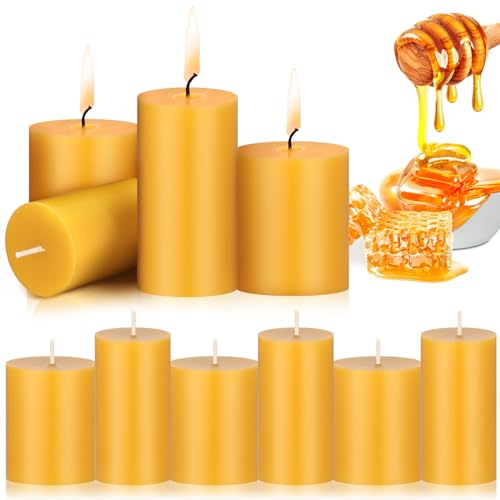 Threlaco 10 Pcs Pure Beeswax Candles Set Natural Unscented Beeswax Pillar Candle 2.4 x 3 Inch 2 x 4 Inch Smokeless Bees Wax Long Burn Time Scentless Candles for Prayer Decoration Home Relax