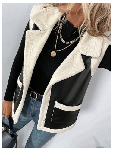 MakeMeChic Women's PU Leather Fuzzy Vest Open Front Sleeveless Pocket Warm Jacket4
