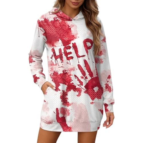Vestido de mujer informal con estampado de Halloween, capucha y cómodo bolsillo frontal