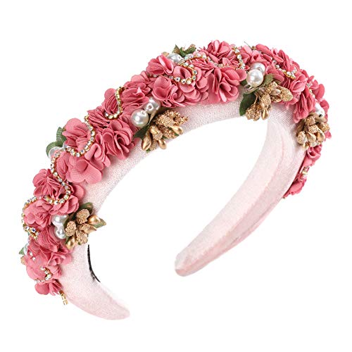 Padded Rhinestone Headband Baroque Hairband - Handmade Padded Velvet Baroque Headband Crystal Rhinestone Headbands for Women Festival Costume Headdress (Pink)