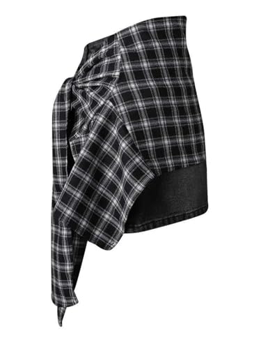 Women's Plaid Patchwork Denim Skirt High Waist A-Line Casual Street Mini Skirts3