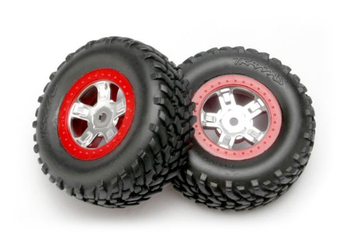 Traxxas 7073A 1/16th Scale SCT Off-Road Racing Tires Pre-Glued on Red Beadlock-Style, Satin Chrome Wheels (pair)