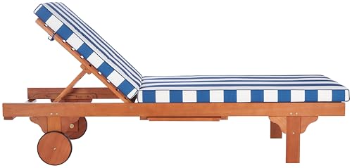 SAFAVIEH Outdoor Collection Newport Natural/ Blue & White Stripe Cushion Built-in Side Table Adjustable Chaise Lounge Chair