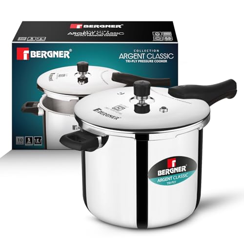 Image of Bergner Argent Classic Triply Stainless Steel Pressure Cooker 10L, Even Heat Distribution, Triply Cooker with Resettable Safety Valve, Sturdy Handle, Easy to Clean - Induction and Gas Stove Ready