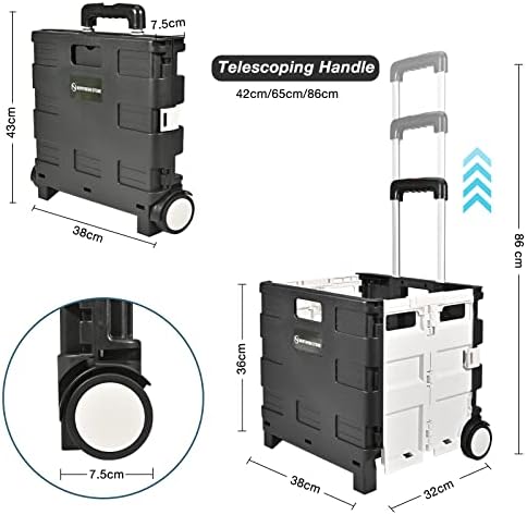 EPROSMIN Folding Shopping Trolley Cart, 35L Capacity, Boot Cart with Wheel and Adjustable Telescopic Aluminium Handle, Collapsible Utility Trolley Box for Shopping, Garden and Camping (Black+White)