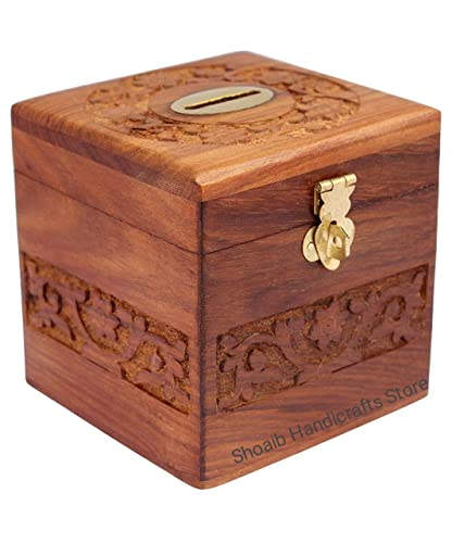Image of Wooden Money /Piggy Bank, Money Box, Coin Box with Carved Design for Kids /Children. with Lock (Wooden Money Bank Coin Storage Kids 14)