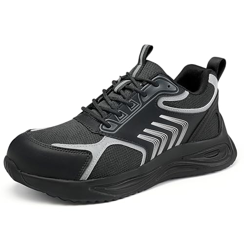 Aomigoct Mens Safety Work Shoes: Black 8.5 Steel Toe Protection & Puncture Guard for Construction - Shock-Absorbing & Breathable for All-Day Comfort in Light Industrial - Age 25-50