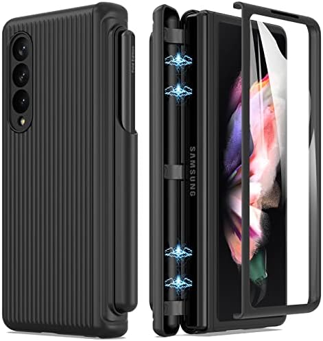 MAKAVO for Samsung Galaxy Z Fold 3 5G Case with Hinge Protection, S Pen Holder, Built-in Tempered Glass Screen Protector, Slim Fit 3D Non-Slip Texture 360 Degree Shockproof Phone Cover (Black)