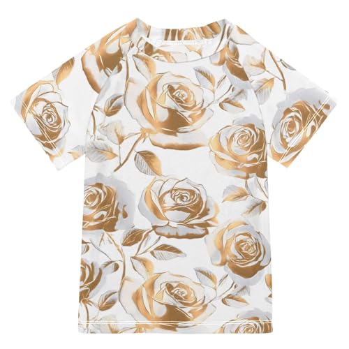 ALAZA Kids Rash Guard Boys Toddler Swim Shirts Short Sleeve Gold Rose UPF 50+ 3T
