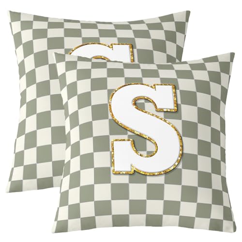 Image of Erosebridal Sage Green Checkered Throw Pillow Covers 18x18 Set of 2 Plaid Initial S Cushion Cover Personalized Monogram Throw Pillow Case for Bed Couch Sofa Fashion Grids Gingham Home Decor