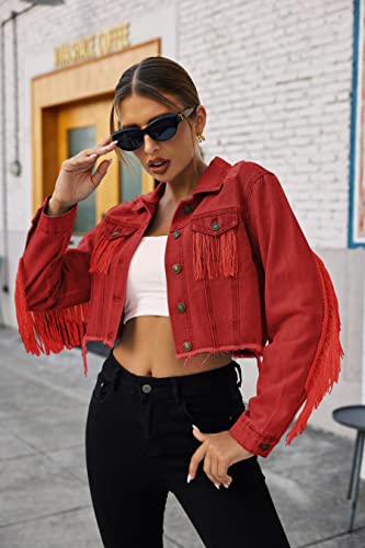 Zeagoo Women's Cropped Jean Jacket Distressed Raw Hem Ripped Fringe Jacket Casual Denim Jackets Red Xxl #TOP1