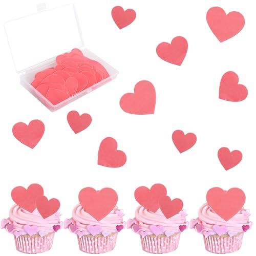 60 PCS Edible Heart Cupcake Toppers Wafer Paper Sweet Love Heart Cake Decorations Edible Valentine's Day Cupcake Picks for Wedding Engagement Bridal Shower Birthday Valentine's Day Party Supplies Pink