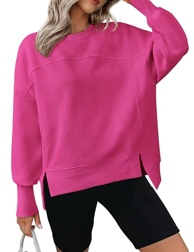 BTFBM Women's Casual Crewneck Sweatshirts 2026 Spring Fall Clothes Long Sleeve Side Slit Workout Fleece Pullover Tops(Rose Red, Medium)