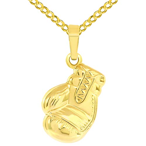 Jewelry America High Polish 14k Yellow Gold 3D Single Boxing Glove Charm Sports Pendant with Curb Chain Necklace