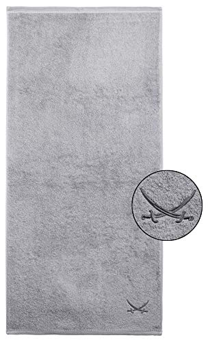 Sansibar 2er Set Duschtuch 70x140 cm – Saugstarkes Badetuch aus 100 % Baumwolle – Oeko-TEX zertifizierter Frottee – Sylt-Design mit gesticktem Säbel-Logo – Silber