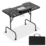 LARS360 Table de manucure pliable avec aspiration, table de manucure pour salon de manucure, mobile avec roulettes, coussin, tiroir et sac de rangement (grain noir)
