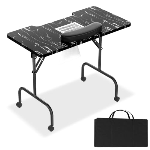 LARS360 Table de manucure pliable avec aspiration, table de manucure pour salon de manucure, mobile avec roulettes, coussin, tiroir et sac de rangement (grain...