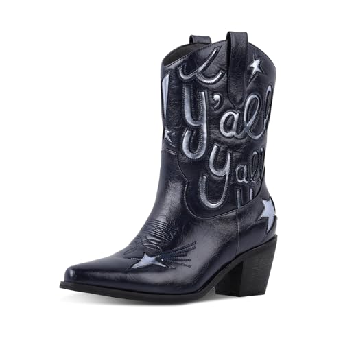 Image of Western Cowboy Boots for Women Rhinestone Cowgirl Boot with Low Block Heel Embroidery Sparkly Short Ankle Booties Walking Bootie for Country Concert Disco Outfits