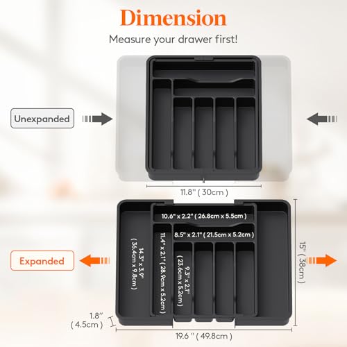 Image of Lifewit Expandable Silverware Drawer Organizer, Kitchen Utensil Tray | BPA-free Plastic Flatware Cutlery Holder, Space-Saving Storage for Spoons Forks Knives, 11.8-19.6 x 15 inch, Black