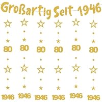 80. Geburtstag Deko Männer Frauen - 7 Stück Gold Großartig Seit 1946 Girlanden mit Zahlen 80 und Jahreszahl, Glitzer Banner und Hängedeko für Kinder Geburtstag Feier