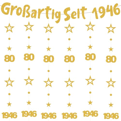 80. Geburtstag Deko Männer Frauen - 7 Stück Gold Großartig Seit 1946 Girlanden mit Zahlen 80 und Jahreszahl, Glitzer Banner und Hängedeko für Kinder Geburtstag Feier