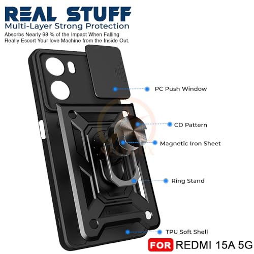 Image of Armor Bumper Back Cover Case for Redmi 15A 5G | Rotating Camera Cover, Ring Holder & Kickstand | Heavy Duty & 360 Degree Protection Redmi 15A 5G Back Cover (Black)