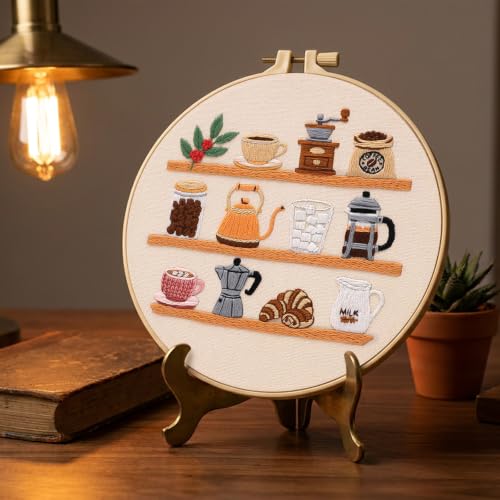 Image of Nuberlic Coffee Bar Embroidery Kit for Beginners | Aesthetic Coffee Shelf Design, Cross Stitch Starter Kit for Adults, Complete Needlepoint Kit