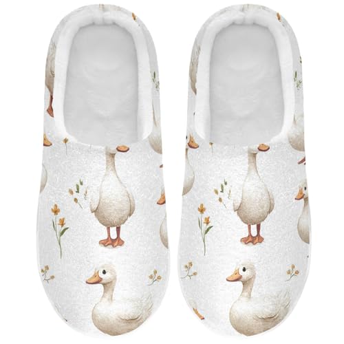 Cartoon Sweet Cayuga Duck White Womens Cotton House Slippers Winter Memory Foam Home Slippers for Hotel Birthday Presents 6-7