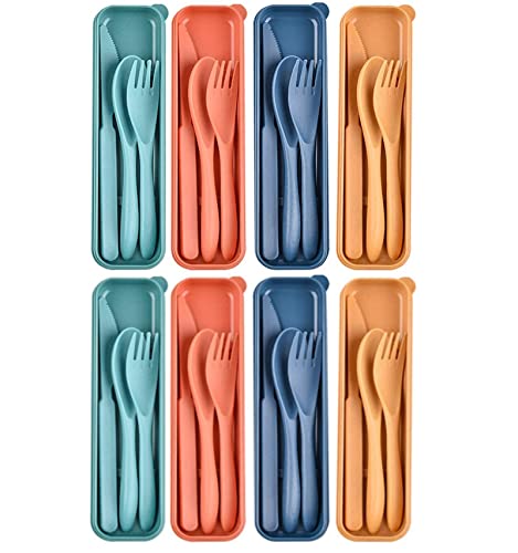 Aaliyahh 8 juegos de Cubiertos Camping Reutilizables, Juego de Utensilios Portátiles, cubiertos de plástico reutilizables, cuchillo, tenedor, cuchara, para picnic escolar Cover