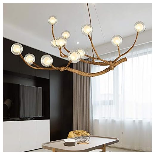 Cbhfmljd Modern Glass Globe Chandelier, 12 Lights Retro Wood Branch Tree Branch Light Ceiling Lamp Fixture High Ceiling Chandelier, Adjustable Hanging Lamp Farmhouse Chandeliers for Kitchen