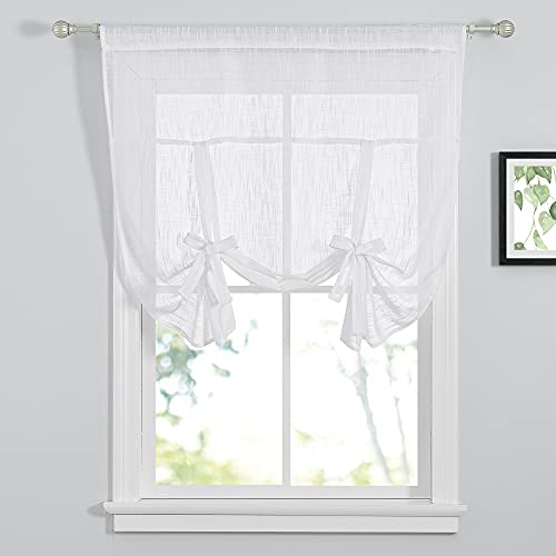 Pony Dance Tie Up Curtain - Rod Pocket Top Sheer Small Kitchen Curtains And Valances Set Adjustable Roman Shades For Windows, W 42 X L 54 In, White, 1 Piece #TOP22