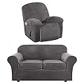 H.VERSAILTEX 3 Pieces Stretch Sofa Covers for 2 Cushion Couch Covers (Grey) Bundle 1-Piece Velvet Recliner Chair Covers (Grey) by 