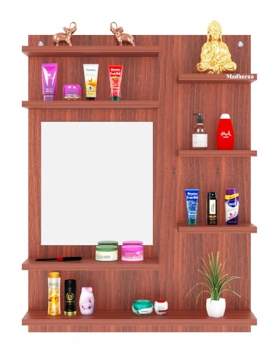 Image of Madhuran Ricco Engineered Wood Wall Mounted Dressing Table (Teak Finish) Royal Decorative Craft Washroom Mirrors Wash Basin Walls Mirror Bathroom Cabinet