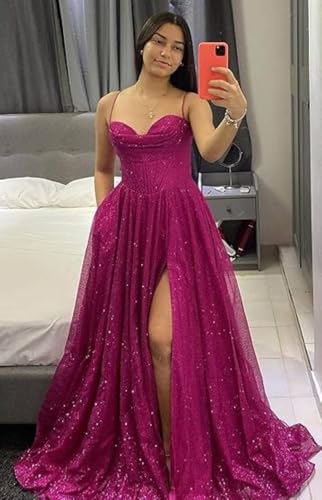 Sparkly Tulle Prom Dress Long Ball Gown Sequin Corset Formal Evening Gown with Slit for Women 20252
