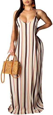 Womens Casual Stripe Spaghetti Strap Loose Plus Size Beach Sundress Long Maxi Summer Dresses with Pockets