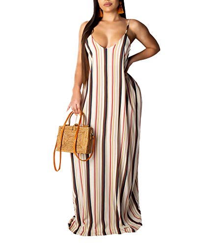 Womens Casual Stripe Spaghetti Strap Loose Plus Size Beach Sundress Long Maxi Summer Dresses With Pockets #TOP23