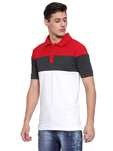 Image of Kalt Men's Half Sleeves Multicolour Polo Neck Cotton Blend T-Shirt(White::Dark Grey::Red)