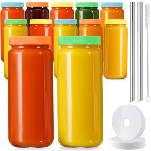 [12 Pack ] Glass Juicing Bottles with 2 Straws & 2 Lids w Hole- 16 OZ Travel Drinking Jars, Water Cups with Color Airtight Lids, Reusable Tall Mason Jar for Juice, Bubble Tea, Smoothie, Tea, Kombucha