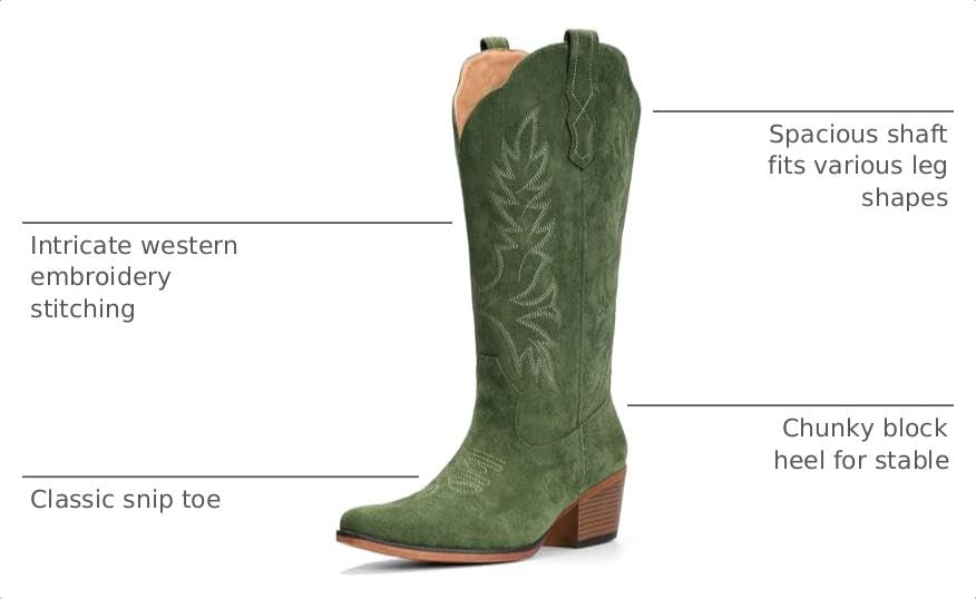 Image of IUV Suede Cowboy Boots for Women Mid Calf Western Cowgirl Boots | Retro Embroidered Snip Toe Chunky Heel Western Boot for Country Concert Music Festival Cowboy Chic