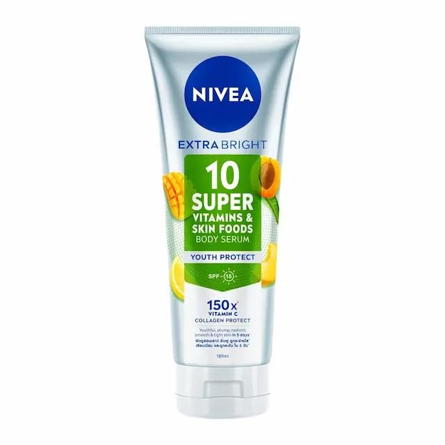 NIVEA Extra Bright 10 Super Vitamins & Skin Foods Body Serum, Youth Protect with SPF15, 150x Vitamin C, 180ml. NIVEA Extra Bright 10 Super Vitamins & Skin Foods Body Serum, Youth Protect with SPF15, 150x Vitamin C, 180ml.
