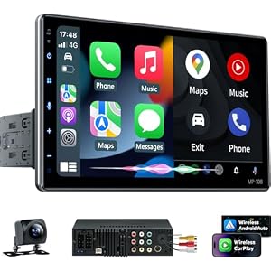 PLZ 10.1″ Wireless Single Din Car Radio Stereo with Apple Carplay Android Auto Touch Screen, Car Play Audio Receivers Headunit, Bluetooth 5.3, Backup Camera, 240W, 2 Subwoofers, Navigation, FM/AM, SWC