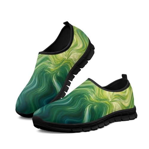 Eleganta damsneakers med fotvalvsstöd, halkfria bekväma festskor tennis promenader löpning svart sula, Gröna vattenkrusningar, 37 EU