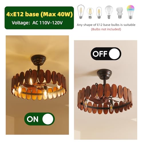 Image of Farmhouse Wood Ceiling Fan with Lights, 19.7 Inch Rustic Chandelier Ceiling Fans Vintage Fence Caged Enclosed Bladeless Ceiling Fan Light Fandelier for Kitchen Dining Room