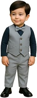 Ninas Baby Boys and Girls Solid Cotton Blend Blazer Style T Shirt and Pant Set with Bow Tie Toddlers for Kids (Grey & Blue) Price In India