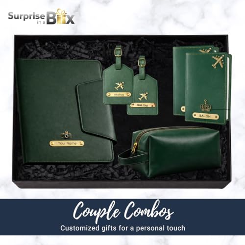 Image of Vegan Leather Family Travel Gift Set, Large Travel Organizer, Medium Pouch, 2 Passport Covers, 2 Luggage Tags in Gift Box (Green)