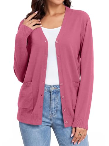 Image of Women's Lightweight Button Down Cardigan Sweaters Long Sleeve Classic V Neck Knit Soft Shrugs with Pocket