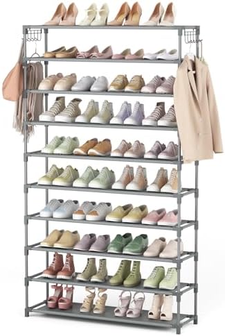 10 Tiers Shoe Rack 50 Pairs Large Capacity Tall Shoe Organizer Sturdy Shoe Storage with Two Hooks Space Saving Metal Wide Shoe Rack for Closet, Entryway, Bedroom, Grey