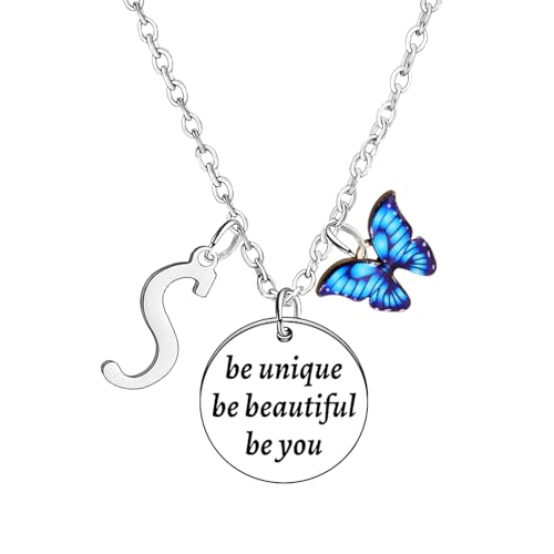 BESPMOSP Necklace Gifts for Women Girls Blue Butterfly Pendant Necklace Letter A-Z Necklaces Encouragement Initial Necklace Inspirational Necklace Jewellery Gifts