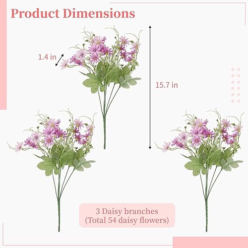 YHomU Artificial Flowers, Fake Daisy Flowers, Total 54 Artificial Daisy Flowers (3 Branches), Outdoor Fake Wildflowers with Stems, Faux Greenery Shrubs Plants Arrangements for Home Garden Vase - Thumbnail 5